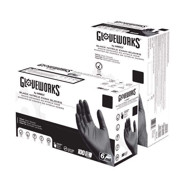Ammex GWBEN44100 Gloveworks Nitrile Disposable Exam Gloves Medium Black Powder Free 100 pc