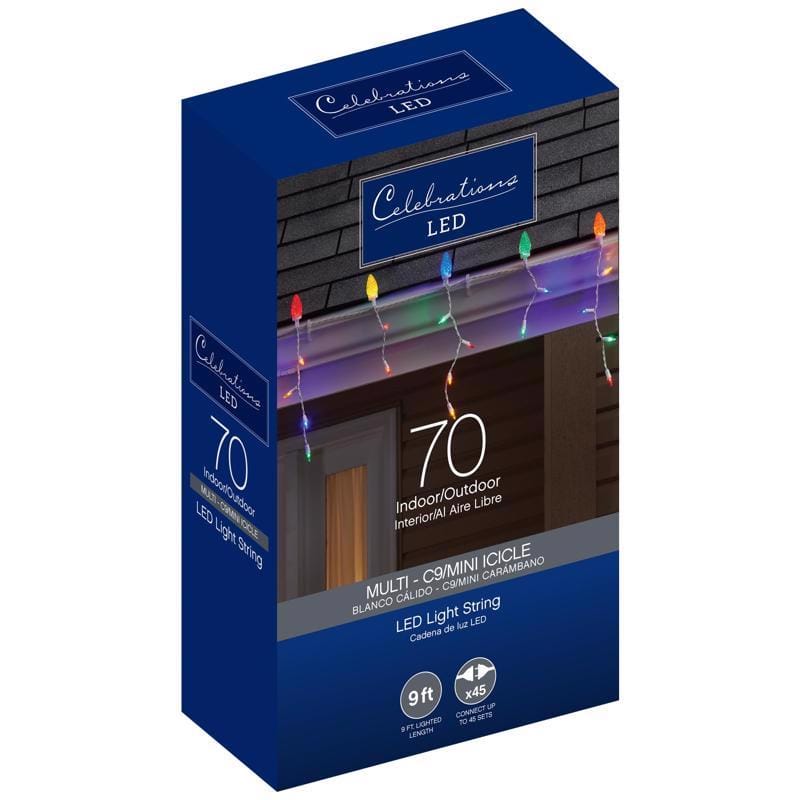 Celebrations 13000-71 Blue LED C9 Multicolored 70 ct Icicle Christmas Lights 9 ft.