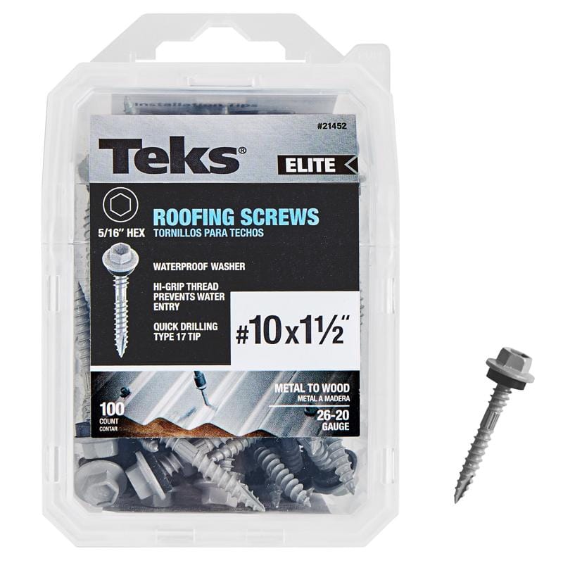 Teks 21452 Elite No. 10 X 1-1/2 in. L Hex Drive Hex Washer Head Self Tapping Roofing Screws