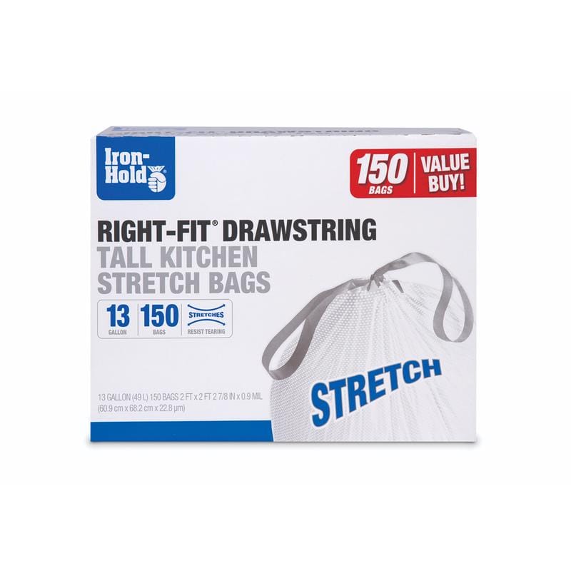 Iron-Hold 1695249 Right-Fit 13 gal No Scent Tall Kitchen Bags Drawstring 150 pk