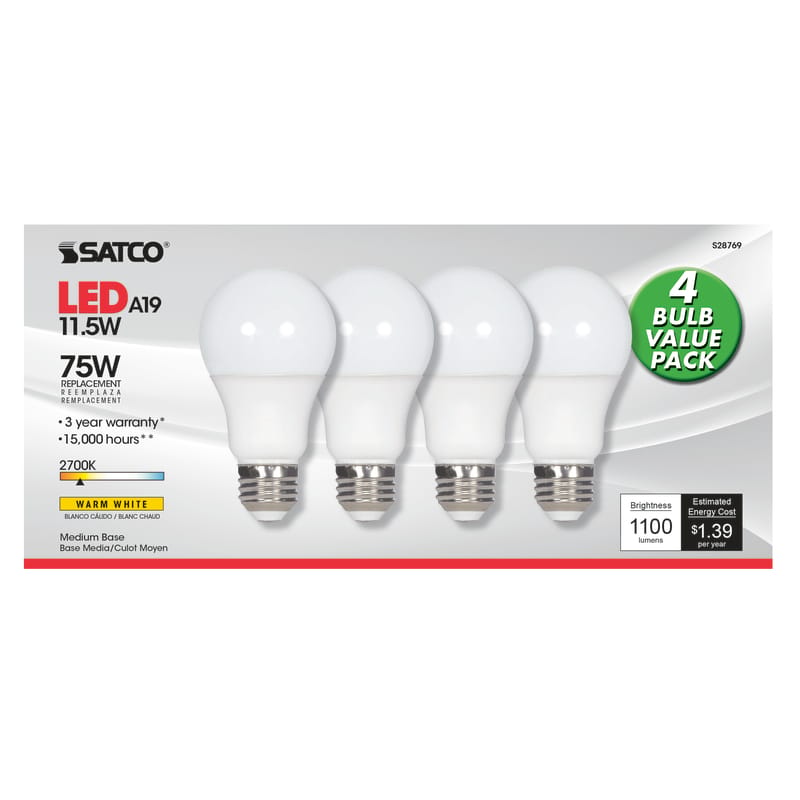 Satco S28769 Type-A A19 E26 (Medium) LED Bulb Warm White 75 Watt Equivalence 4 pk