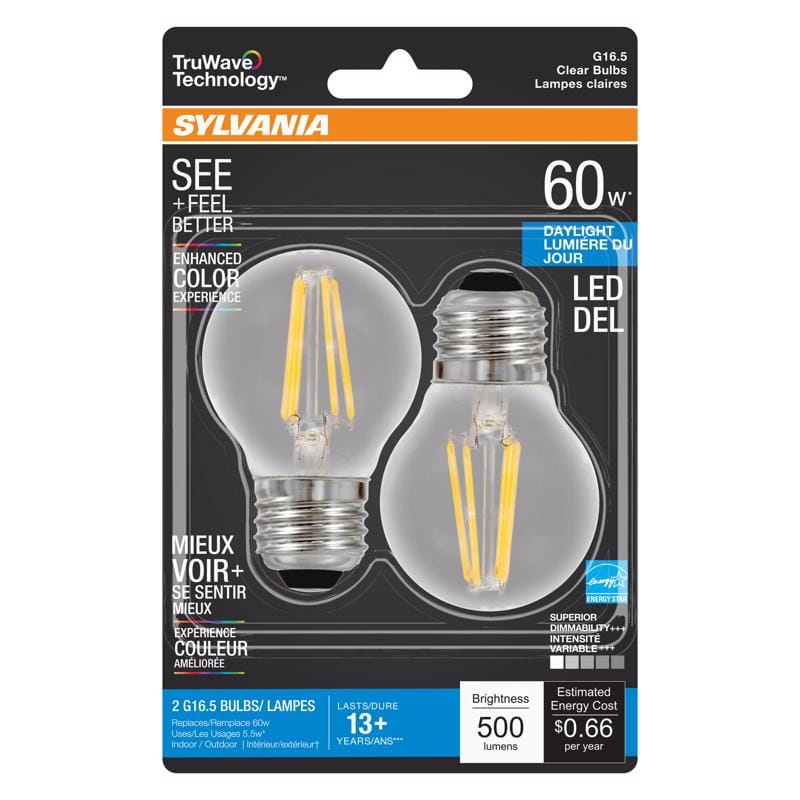 Sylvania 40851 Truwave G16.5 E26 (Medium) LED Bulb Daylight 60 Watt Equivalence 2 pk