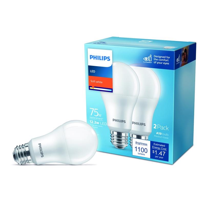 Philips 575860 A19 E26 (Medium) LED Bulb Soft White 75 Watt Equivalence 2 pk
