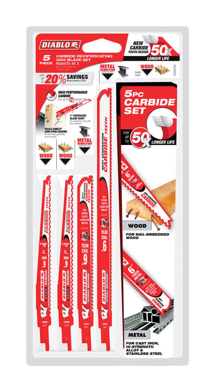 Diablo DS005SC Assorted in. Carbide Reciprocating Saw Blade Set Multi TPI 5 pc