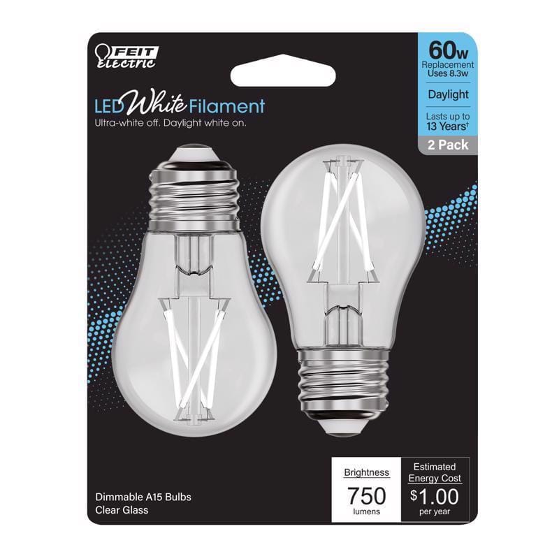Feit BPA1560950WFIL2 White A15 E26 (Medium) Filament LED Bulb Daylight 60 Watt Equivalence 2 pk