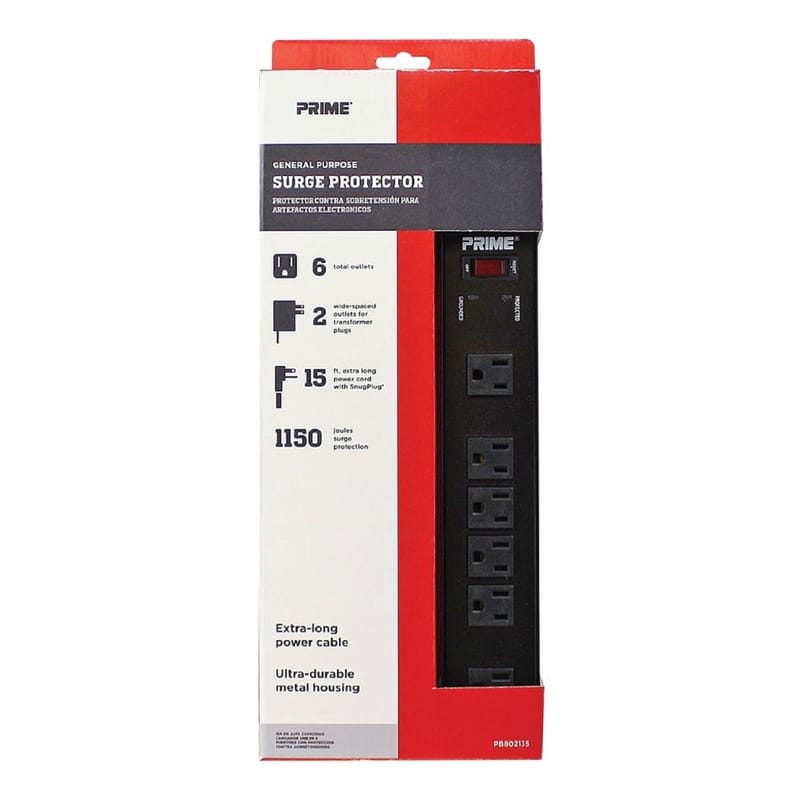 Prime PB802135 15 ft. L 6 outlets Surge Protector Black 1150 J