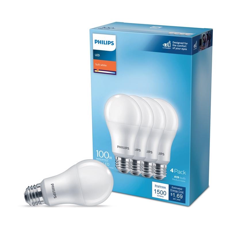 Philips 565408 A19 E26 (Medium) LED Bulb Soft White 100 Watt Equivalence 4 pk