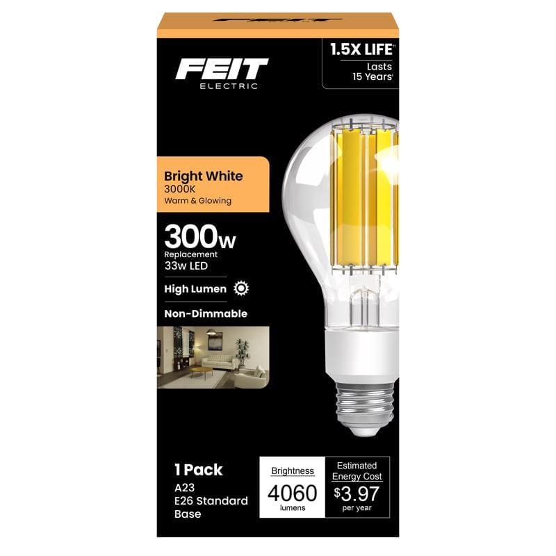 Feit OM300CL/830/FIL A23 E26 (Medium) Filament LED Bulb Bright White 300 Watt Equivalence 1 pk