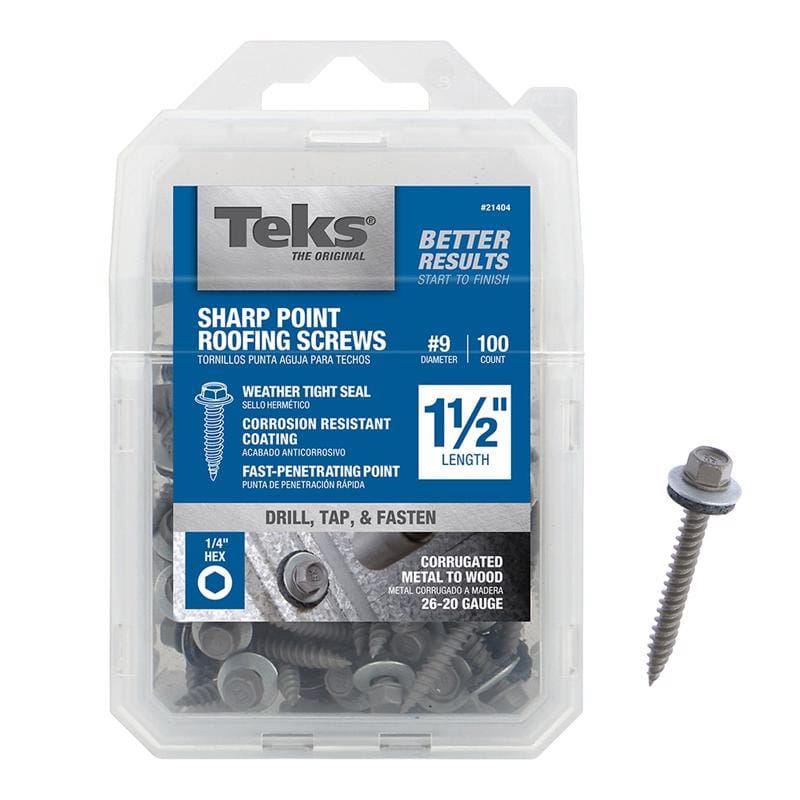 Teks 21404 No. 9 X 1-1/2 in. L Hex Drive Hex Washer Head Self Tapping Roofing Screws