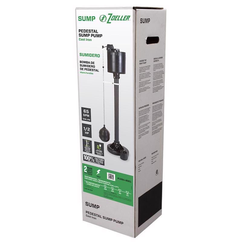 Zoeller 1084-0001 1/2 HP 3900 gph Cast Iron Vertical Float Switch AC Pedestal Sump Pump 8 ft