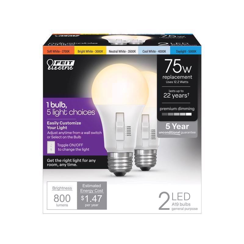 Feit OM75DM/6WYCA/2 A19 E26 (Medium) LED Bulb Adjustable White 75 Watt Equivalence 2 pk