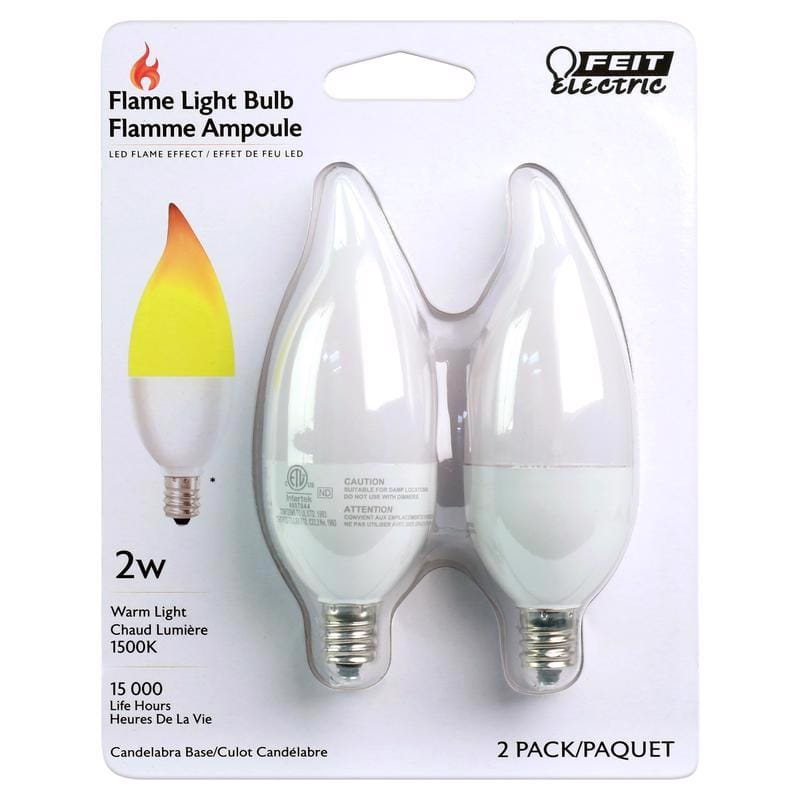 Feit BPFLAME/C/LED/2 CA10 (Flame Tip) E12 (Candelabra) LED Flame Bulb Warm White 2 Watt Equivalence 2 pk