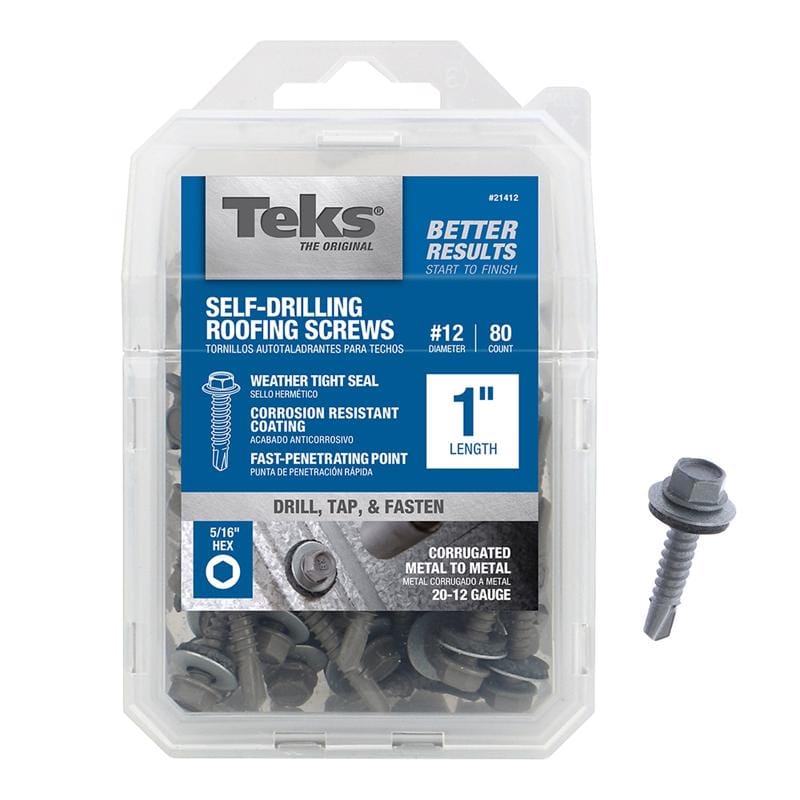 Teks 21412 No. 12 Size X 1 in. L Hex Drive Hex Washer Head Self Tapping Roofing Screws