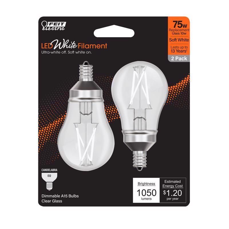 Feit BPA1575C927WFL2 White A15 E12 (Candelabra) Filament LED Bulb Soft White 75 Watt Equivalence 2 pk