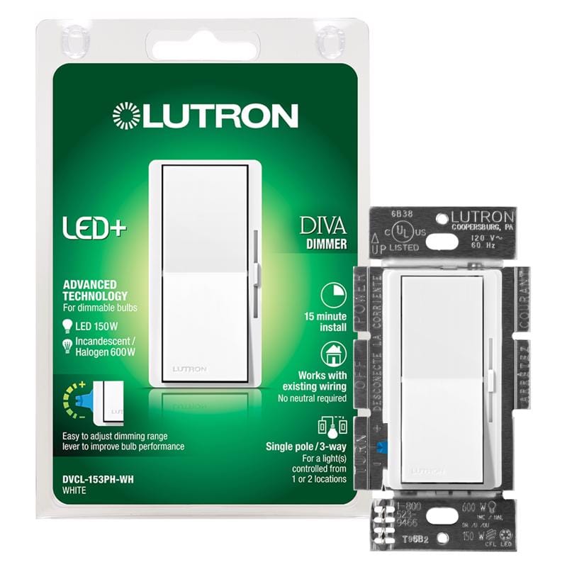 Lutron DVCL-153PH-WH Diva White 150 W Rocker Dimmer/Paddle Switch 1 pk