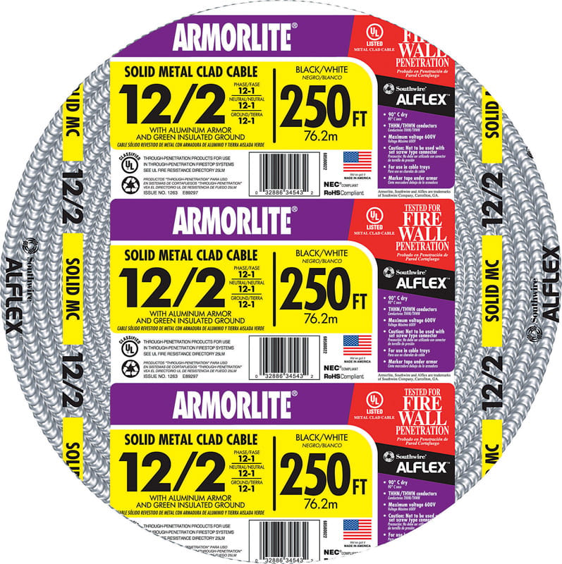 Southwire 68580055 Armorlite 250 ft. 12/2 Solid Aluminum Armored MC Cable