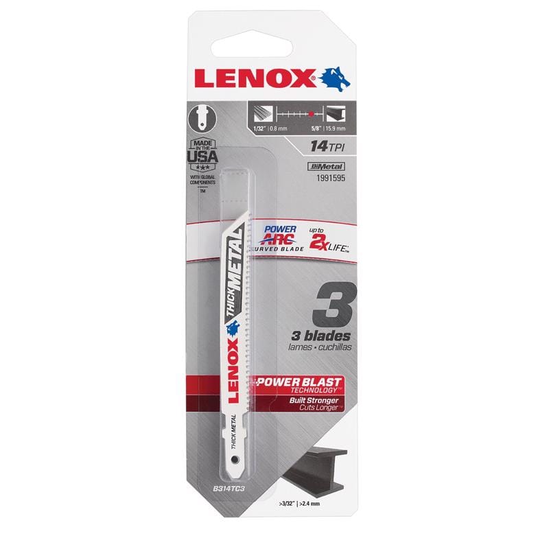 Lenox 1991595 Power Arc 3-5/8 in. Bi-Metal T-Shank Jig Saw Blade 14 TPI 3 pc