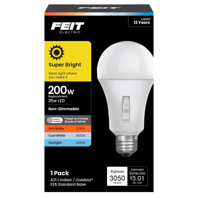 Feit OM200/3CCT/LEDI A21 E26 (Medium) LED Bulb Adjustable White 200 Watt Equivalence 1 pk