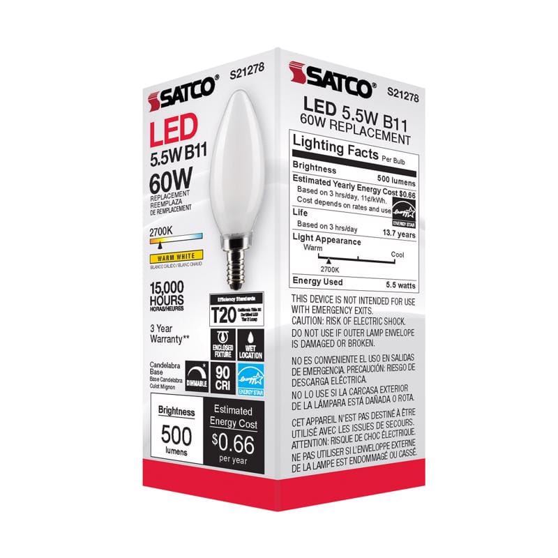 Satco S21278 B11 E12 (Candelabra) Filament LED Bulb Warm White 60 Watt Equivalence 1 pk