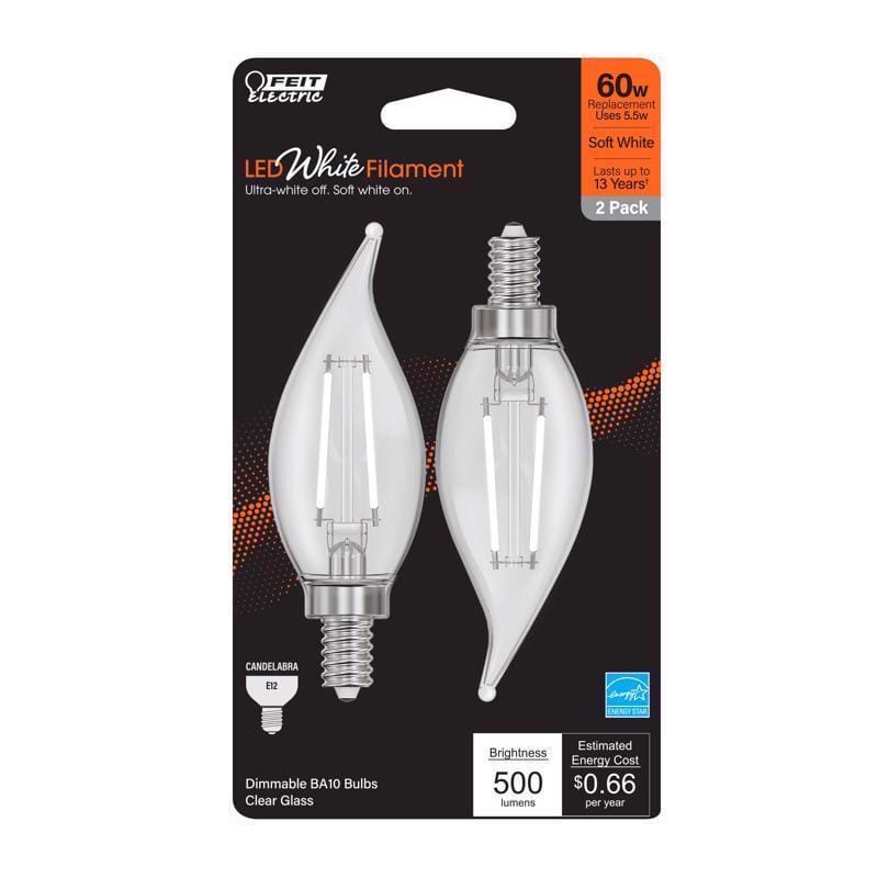 Feit BPCFC60927WFIL2 White BA10 E12 (Candelabra) Filament LED Bulb Soft White 60 Watt Equivalence 2 pk