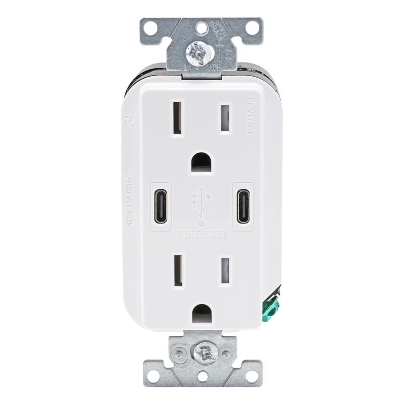 Leviton CC1X3-0BW Decora 15 amps 125 V Duplex and Type C White Outlet and USB Charger 5-15R 1 pk