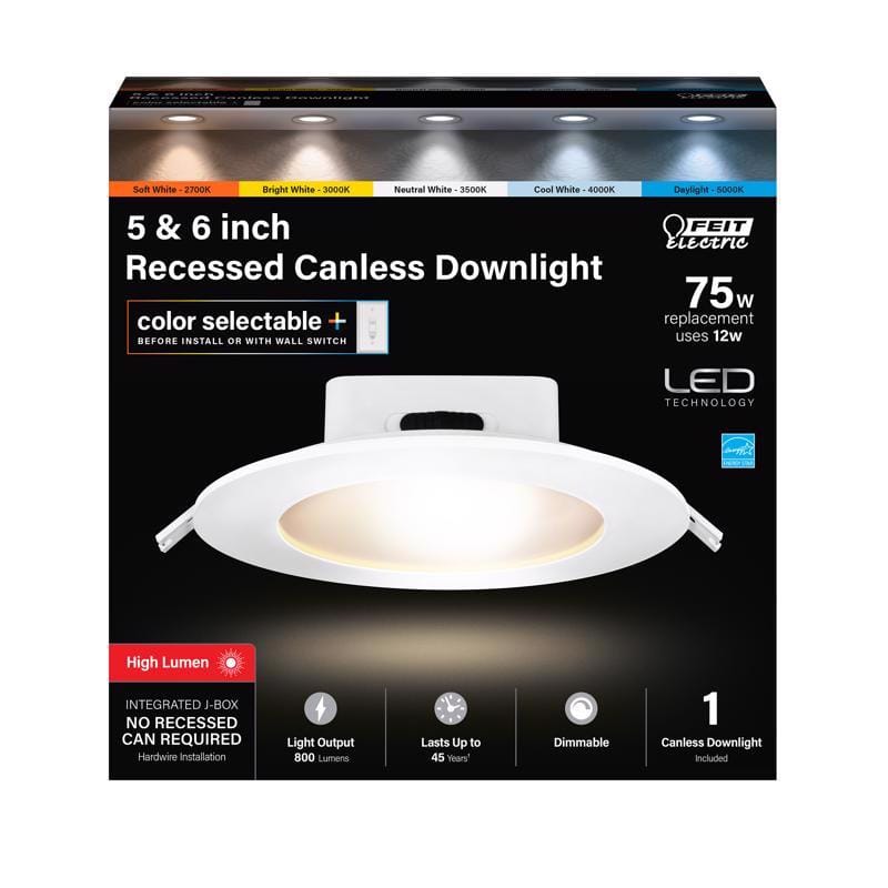 Feit LEDR56JBX/6WYCA Enhance Warm White 7.3 in. W Plastic LED Dimmable Recessed J-Box Downlight 12 W