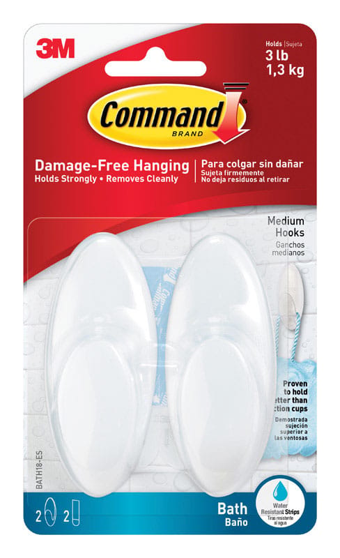 3M BATH18-ES Command Medium Plastic Bath Hook 3.375 in. L 2 pk