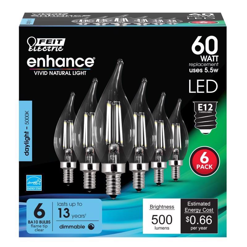 Feit CFC60950CAFIL6 Enhance CA10 (Flame Tip) E12 (Candelabra) Filament LED Bulb Daylight 60 Watt Equivalence 6 pk