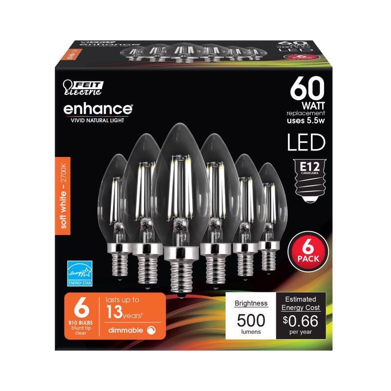 Feit CTC60/927CAFIL6 Enhance B10 E12 (Candelabra) LED Bulb Soft White 60 Watt Equivalence 6 pk
