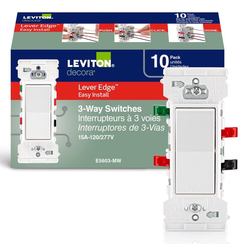 Leviton E5603-0MW Lever Edge 15 amps 3-Way Rocker Switch White 10 pk