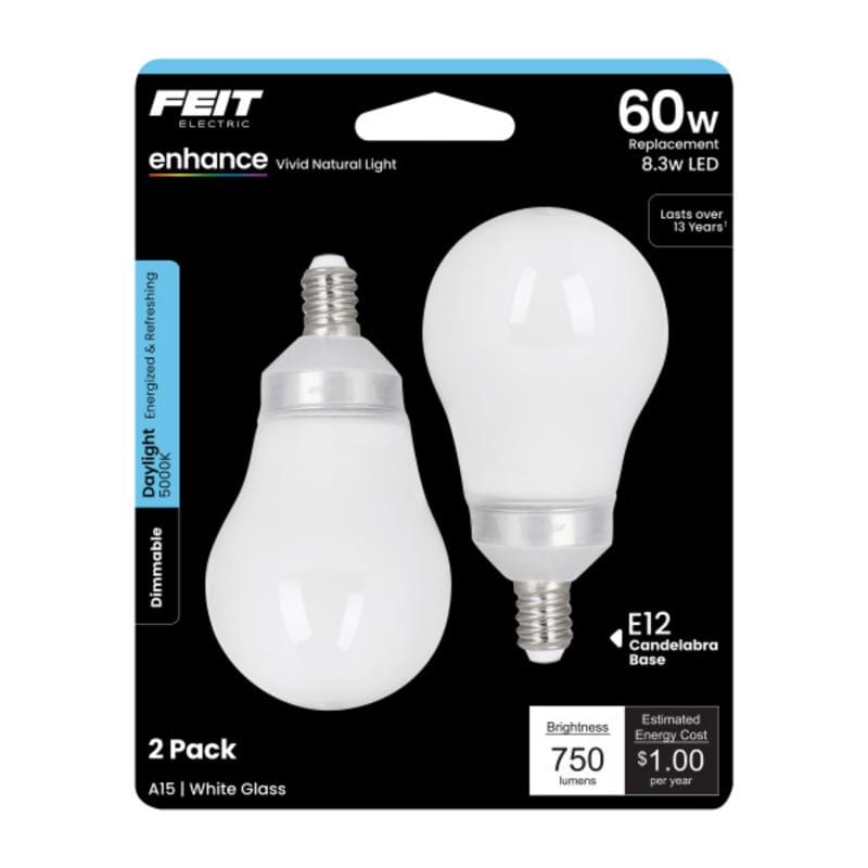 Feit BPA1560C950CA2 Enhance A15 E12 (Candelabra) Filament LED Bulb Daylight 60 Watt Equivalence 2 pk