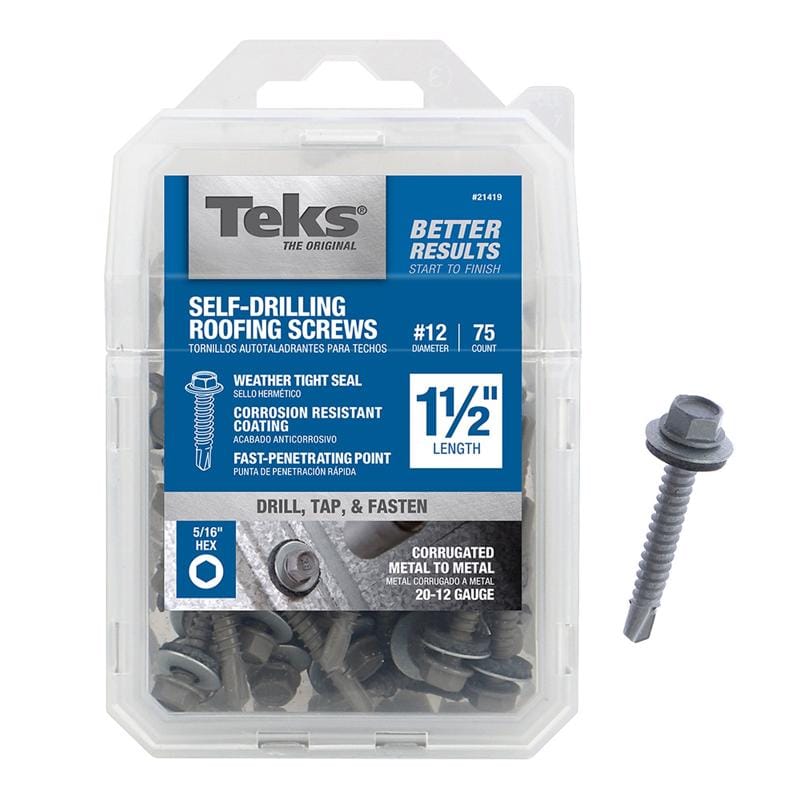 Teks 21419 No. 12 Size X 1-1/2 in. L Hex Drive Hex Washer Head Self Tapping Roofing Screws