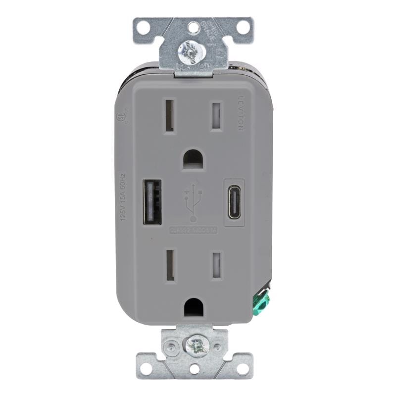 Leviton AC1X3-0GY Decora 15 amps 125 V Type A/C Duplex Gray Outlet and USB Charger 5-15R 1 pk