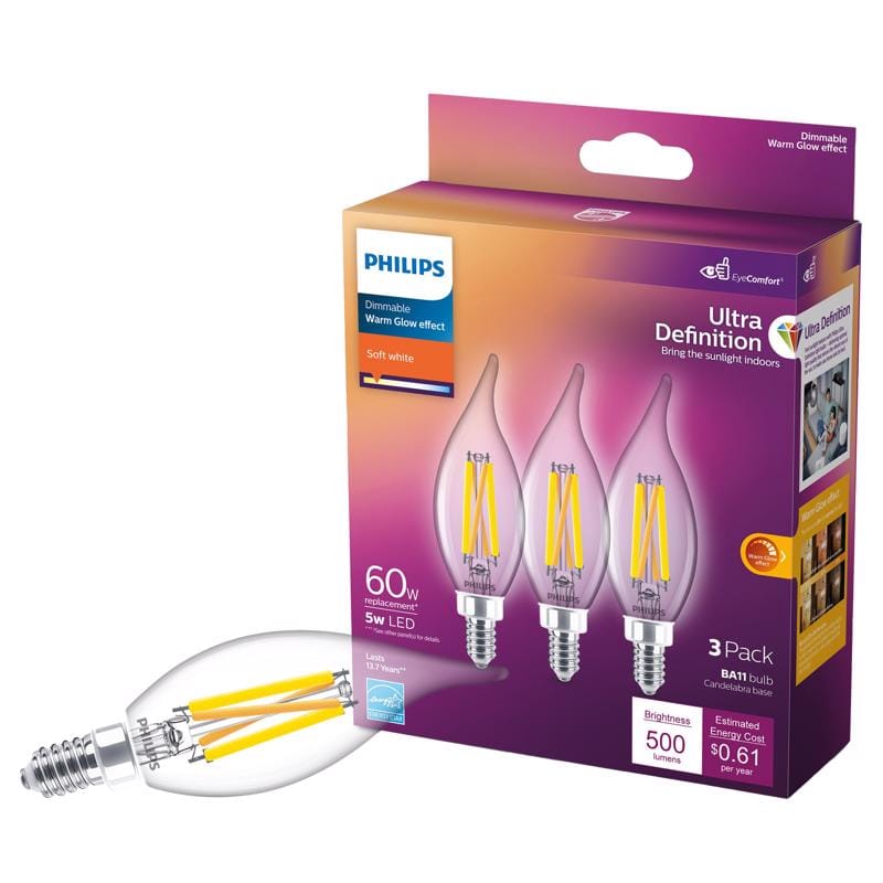 Philips 566687 BA11 E12 (Candelabra) LED Bulb Soft White 60 Watt Equivalence 3 pk