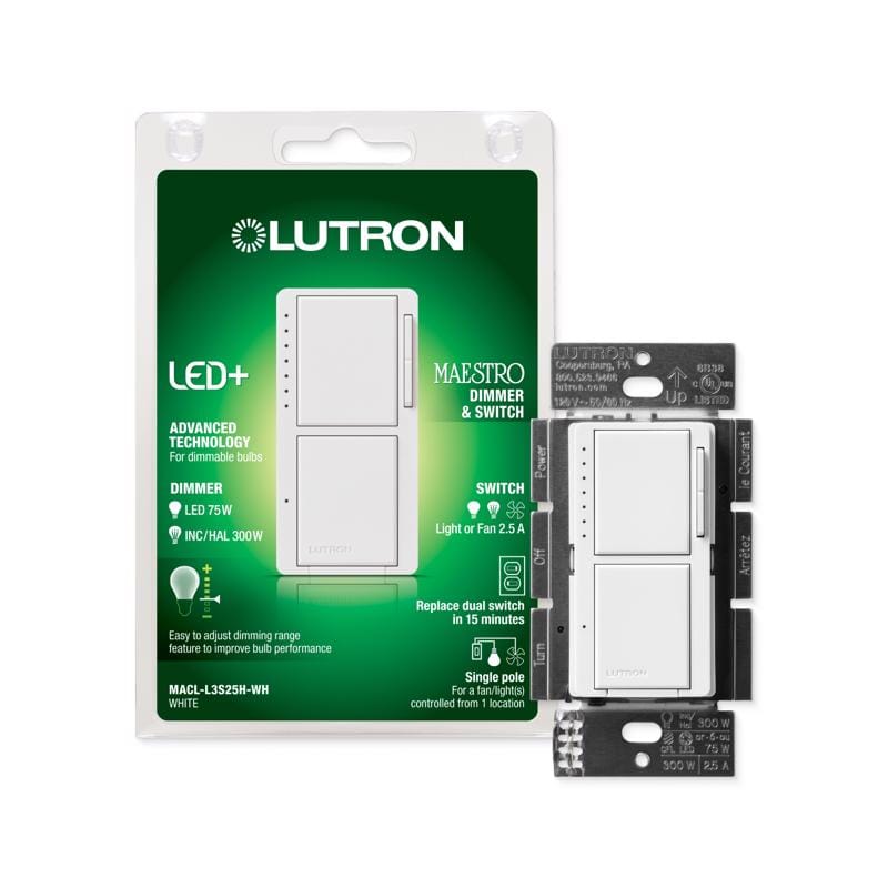 Lutron MACL-L3S25H-WH Maestro White 75 W Tap Dimmer Switch 1 pk
