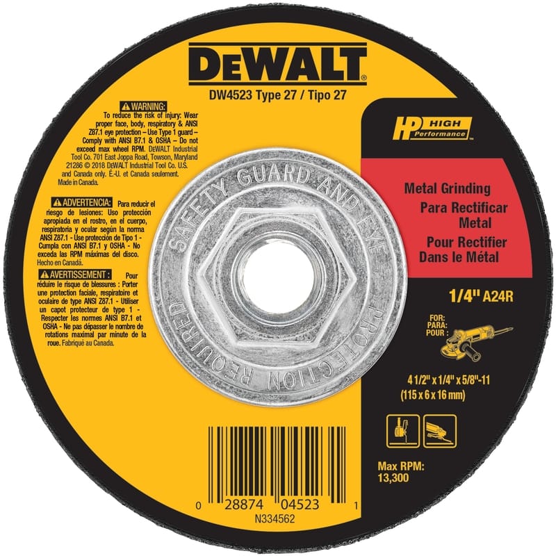 Dewalt DW4523 High Performance 4-1/2 in. D X 5/8-11 in. X 1/4 in. thick Metal Grinding Wheel 1 pk