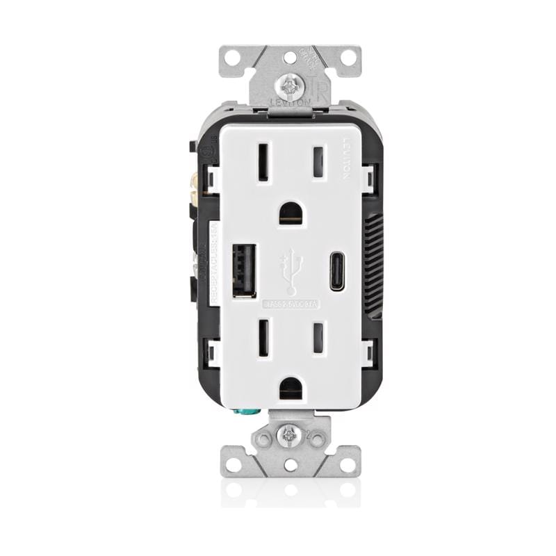 Leviton BAC15-B2W Decora 15 amps 125 V Type A/C Duplex White Outlet and USB Charger 2 pk