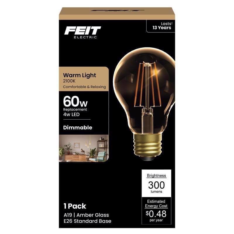 Feit AT19/VG/LED A19 E26 (Medium) LED Bulb Amber Soft White 60 Watt Equivalence 1 pk