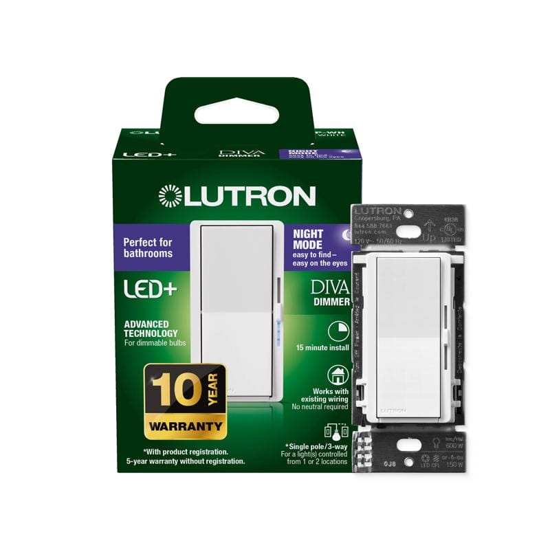 Lutron DVCLN-153P-WH Diva with Night Mode for Dimmable LED Bulbs White 150 W 3-Way Dimmer Switch 1 pk