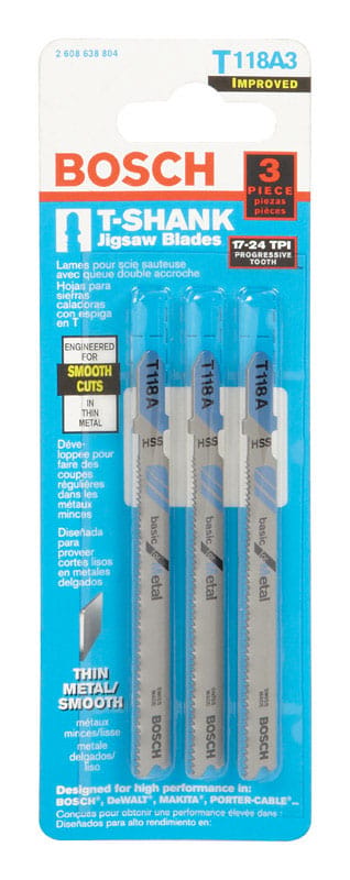 Bosch T118A3 3 in. High Carbon Steel T-Shank Wavy set and milled Jig Saw Blade 24 TPI 3 pk