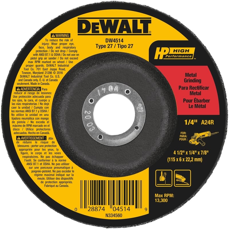 Dewalt DW4514 High Performance 4.5 in. D X 7/8 in. X 1/4 in. thick Grinding Wheel 1 pc