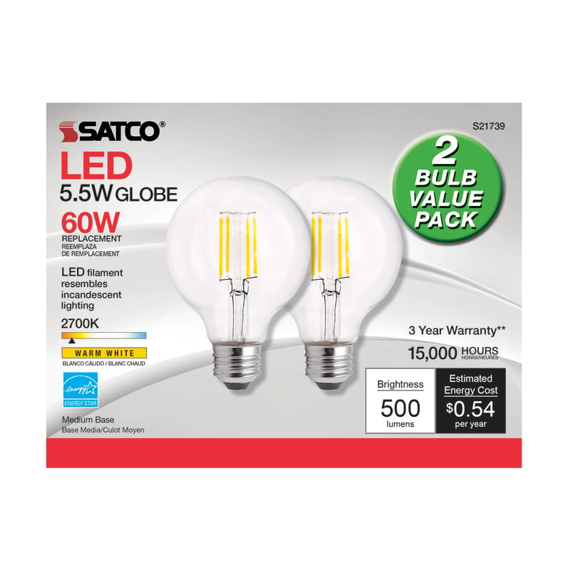 Satco S21245 G25 E26 (Medium) LED Bulb Warm White 60 Watt Equivalence 2 pk