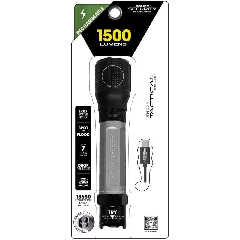 Police Security 97713 Zephyr-R Tactical 1500 lm Black/Gray LED Rechargeable Flashlight 18650 Battery
