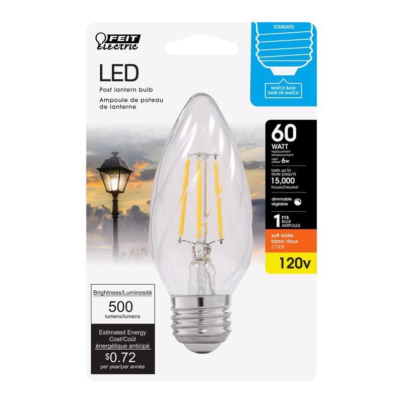 Feit BPF1560827FILED F15 E26 (Medium) Post Lantern LED Bulb Soft White 60 Watt Equivalence 1 pk