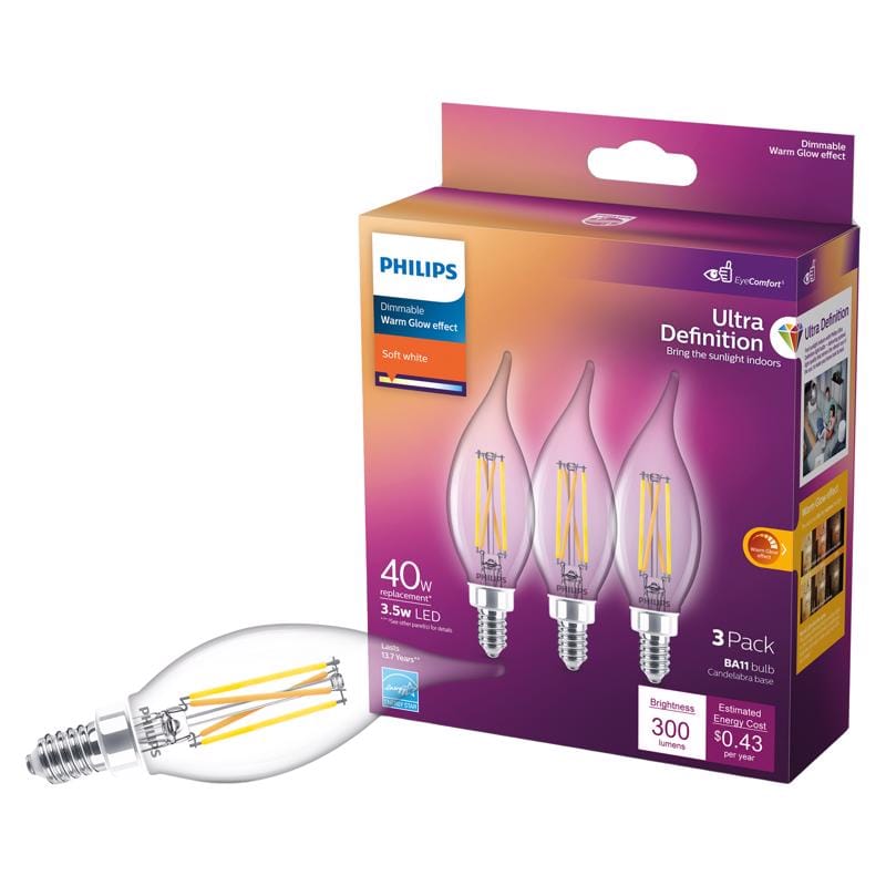 Philips 566661 Ultra Definition BA11 E12 (Candelabra) LED Bulb Soft White 40 Watt Equivalence 3 pk