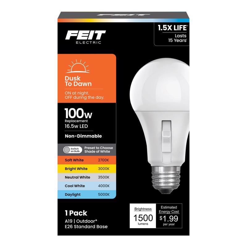 Feit OM1005CCTDDLEDI A19 E26 (Medium) LED Dusk to Dawn Bulb Adjustable White 100 Watt Equivalence 1 pk