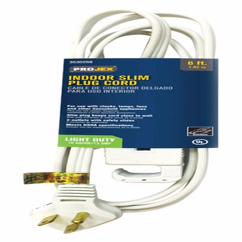 Projex FW-1130-6FT/09P Indoor 6 ft. L White Slim Plug Cord 16/3 SPT-3