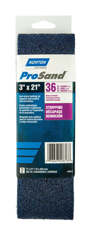 Norton 07660702228 ProSand 21 in. L X 3 in. W Zirconia Alumina Cloth Portable Sanding Belt 36 Grit Extra Coarse