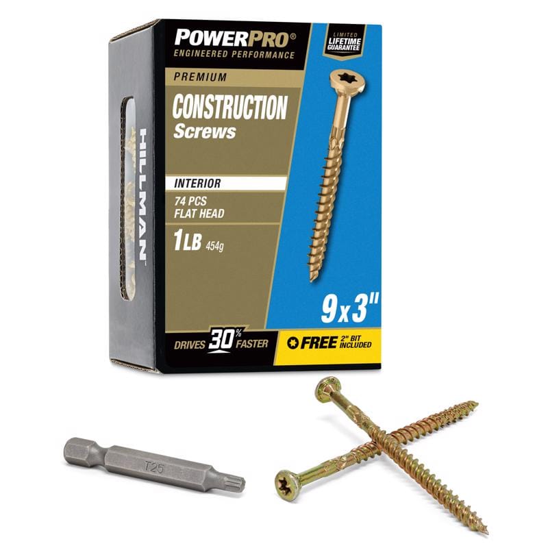 Hillman 48584V4 Power Pro No. 9 X 3 in. L Star Yellow Zinc Coarse Wood Screws 74 pk