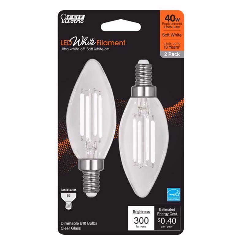 Feit BPCTC40927WFIL2 White B10 E12 (Candelabra) Filament LED Bulb Soft White 40 Watt Equivalence 2 pk